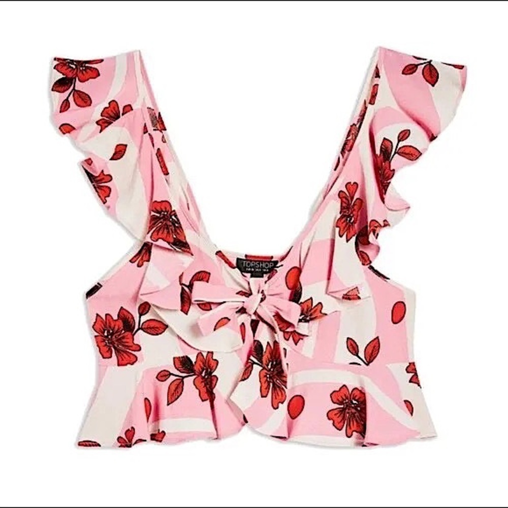 TOPSHOP Pink & Red Floral Ruffle Crop